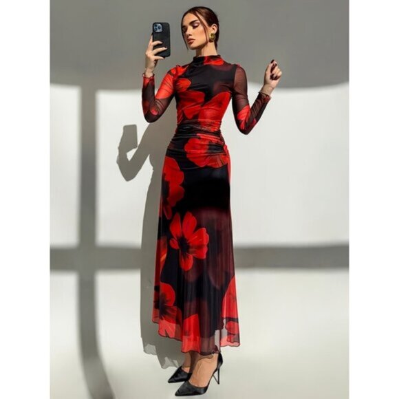 New Red Gradient Floral Print Mesh Party Long Sleeve Fitted Holiday Dress - Picture 1 of 4